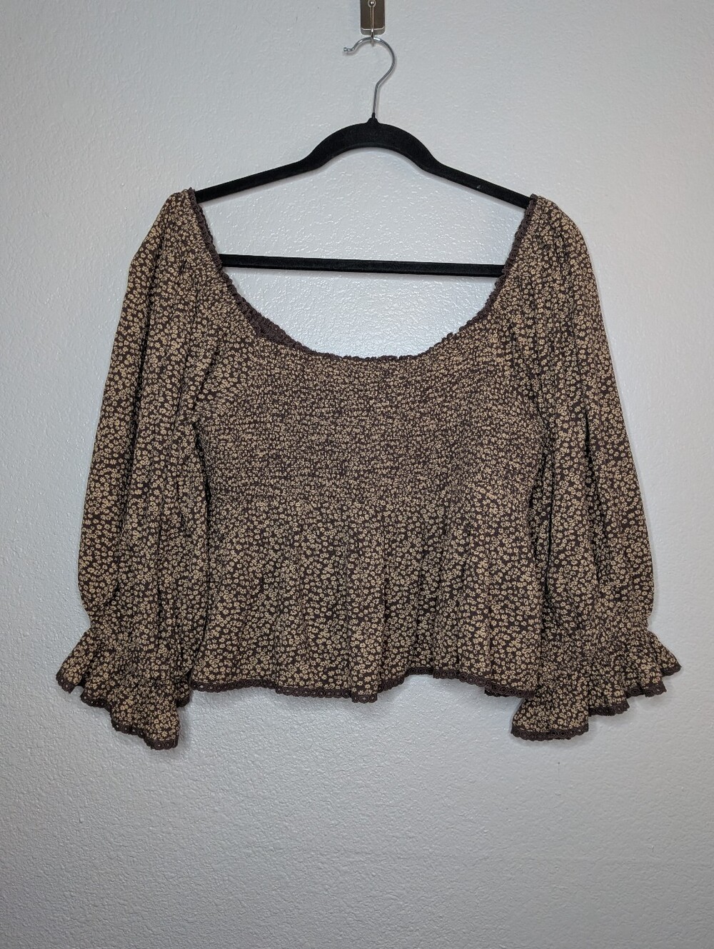 Free People Brown Floral Cropped Boho Brittnee Peplum Babydoll Peasant Top M - Picture 4 of 7